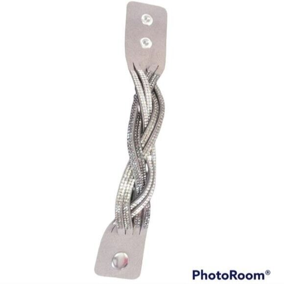 Y2K 00s Gray Braided Soft Cuff Rhinestone Twist Intertwined Suede Feel Bracelet - Picture 5 of 5